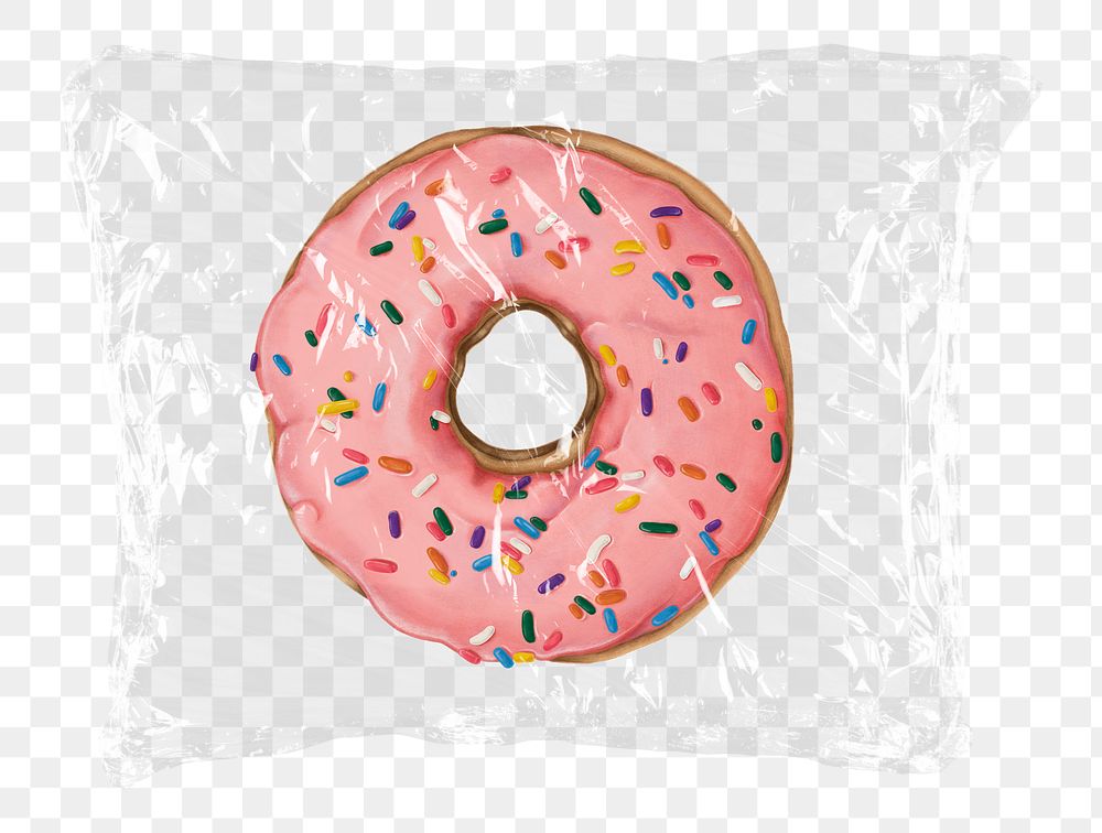 Donut png plastic bag sticker, junk food concept art on transparent background