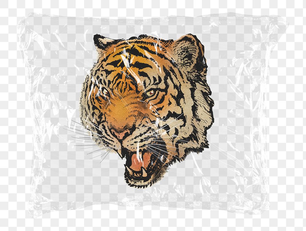 Roaring tiger png plastic bag sticker, wildlife concept art on transparent background