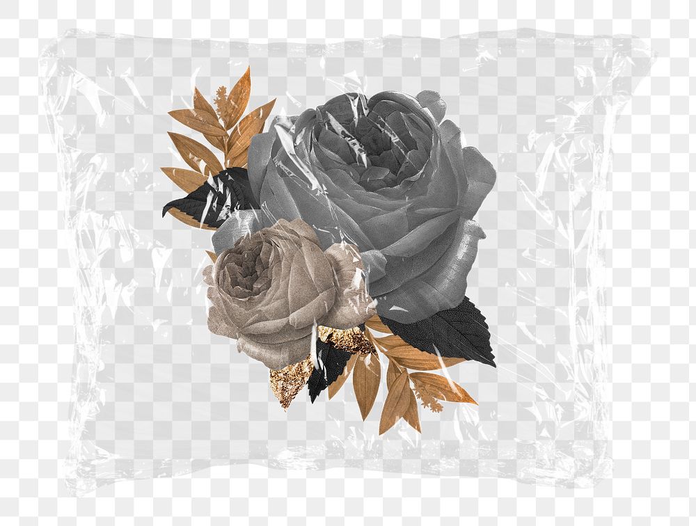 Black rose png flowers plastic bag sticker, Winter concept art on transparent background