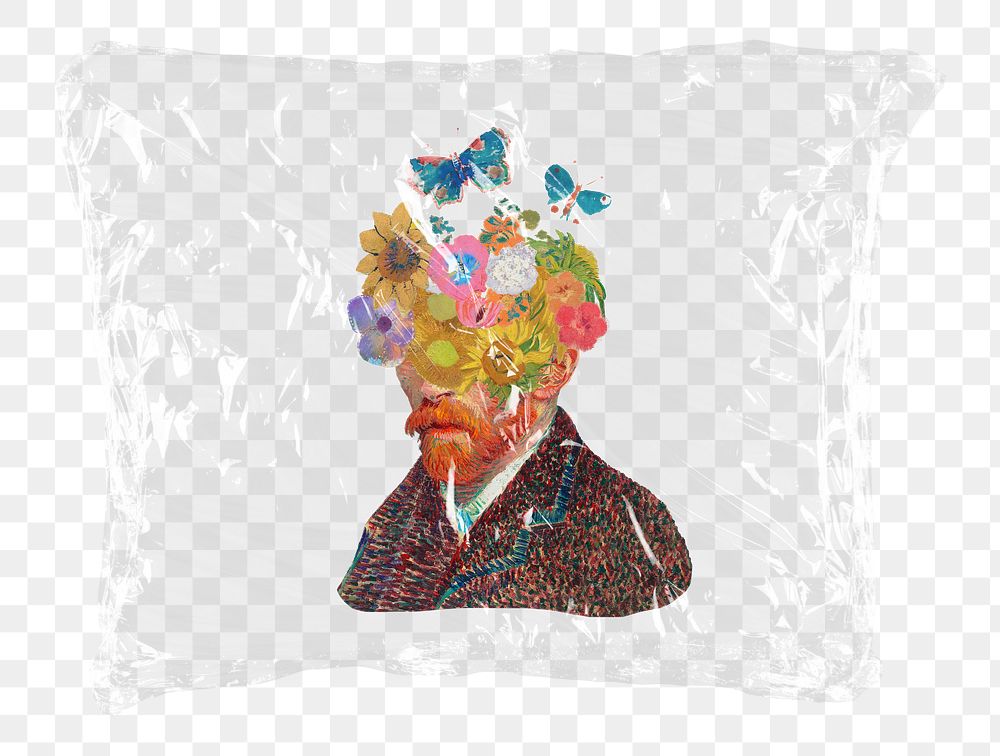 Png Vincent van Gogh surreal floral portrait plastic bag sticker, aesthetic concept art on transparent background remixed by…