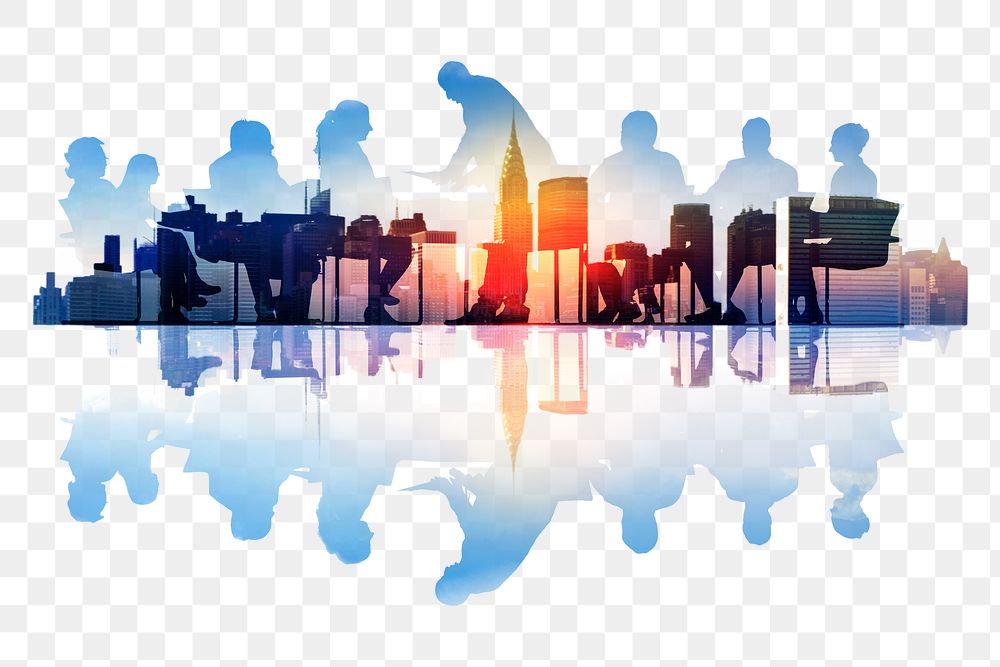 Business people png city silhouette sticker on transparent background