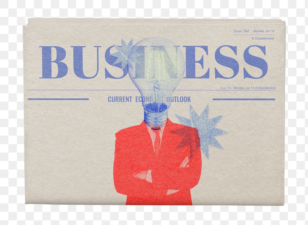 Png light bulb head businessman newspaper sticker, business headline, transparent background