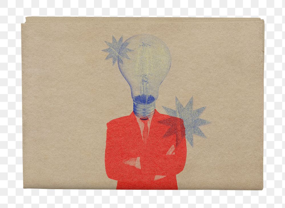 Png light bulb head businessman sticker, newspaper cover, business concept art, transparent background