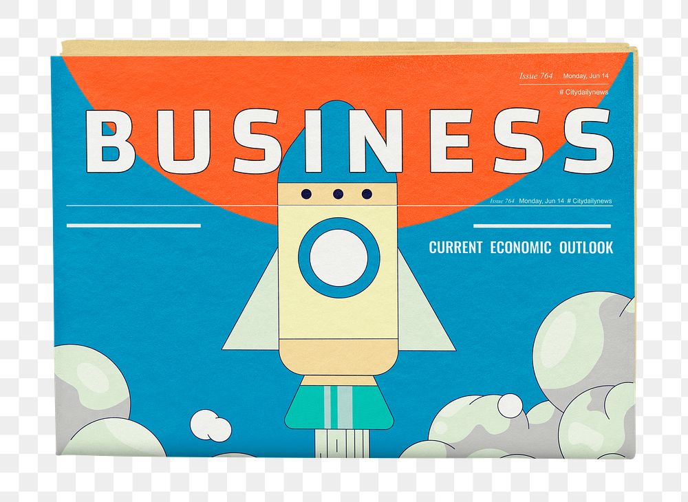 Launching rocket png newspaper sticker, business headline, transparent background