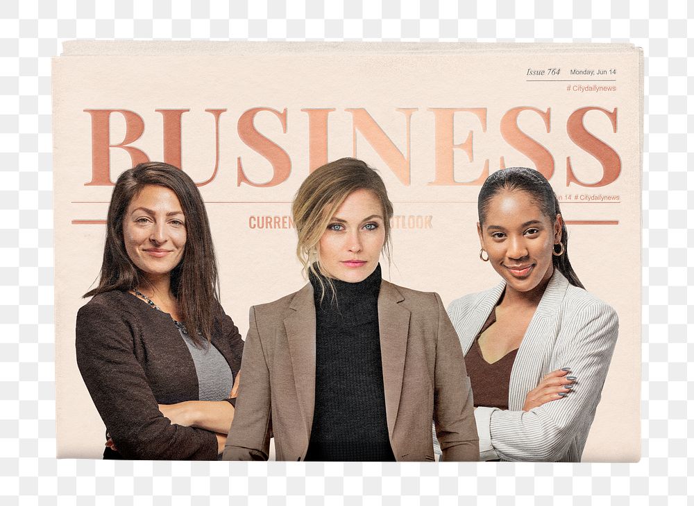 Female entrepreneurs png newspaper sticker, business headline, transparent background