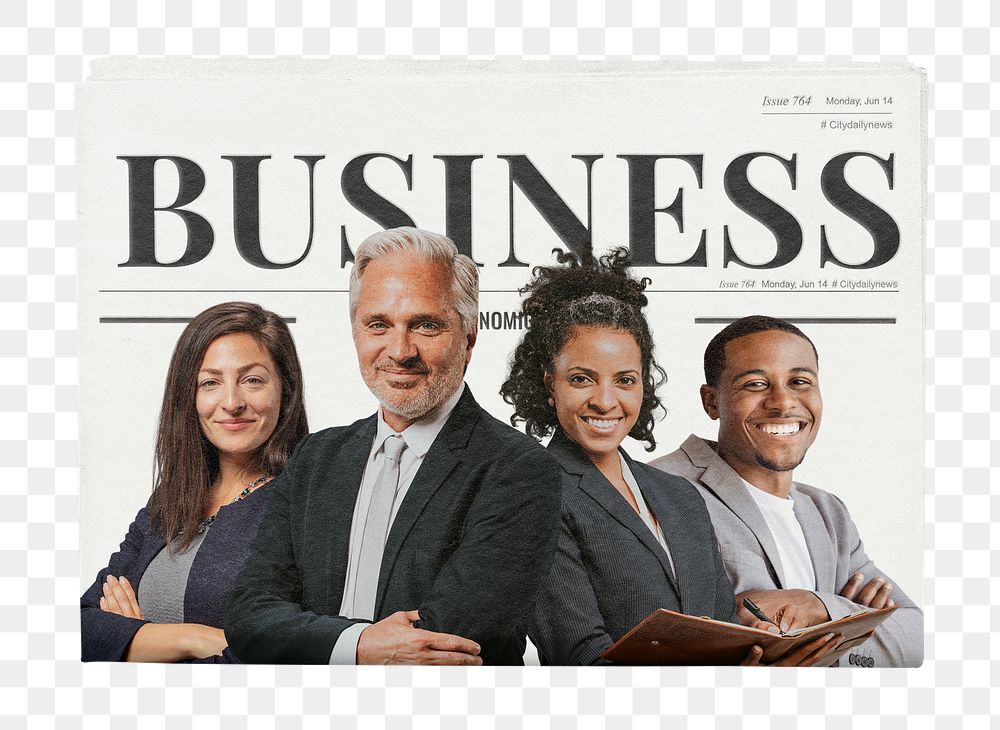 Successful entrepreneurs png newspaper sticker, business article headline, transparent background