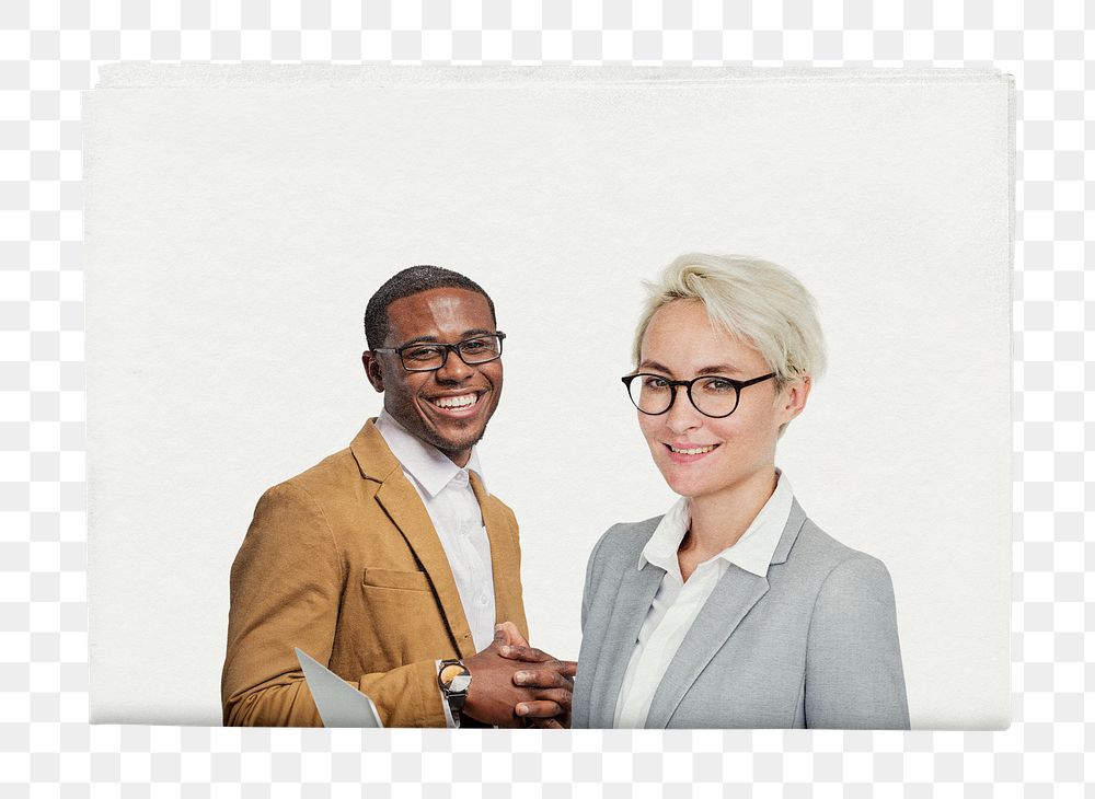 Smiling business png people, newspaper cover sticker on transparent background
