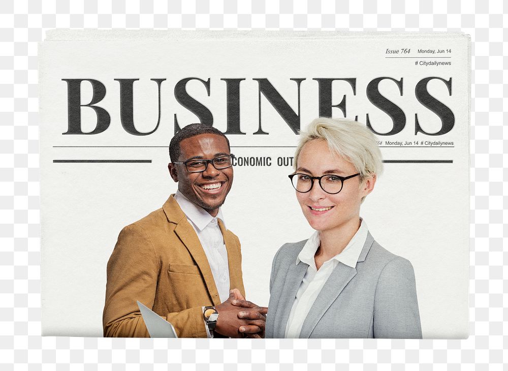 Cheerful work png colleagues newspaper sticker, business article headline, transparent background