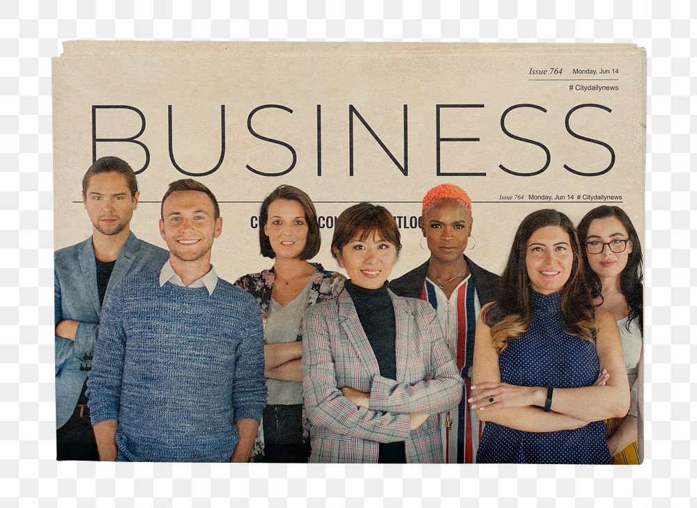 Startup company png team vintage newspaper sticker, business article headline, transparent background