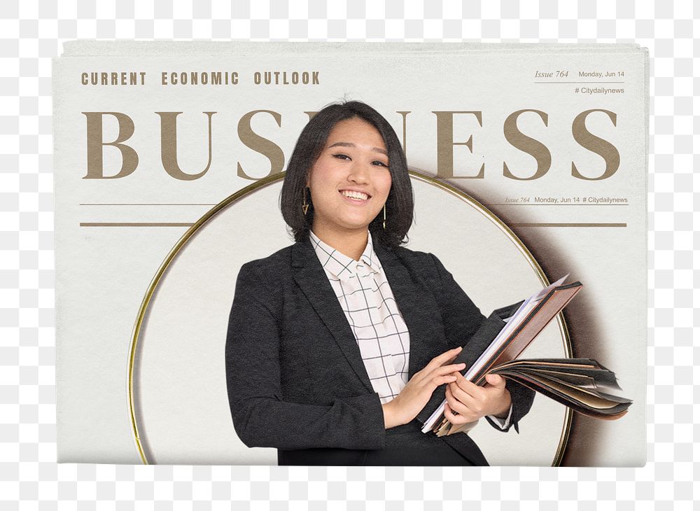 Female economist png newspaper sticker, financial business headline, transparent background