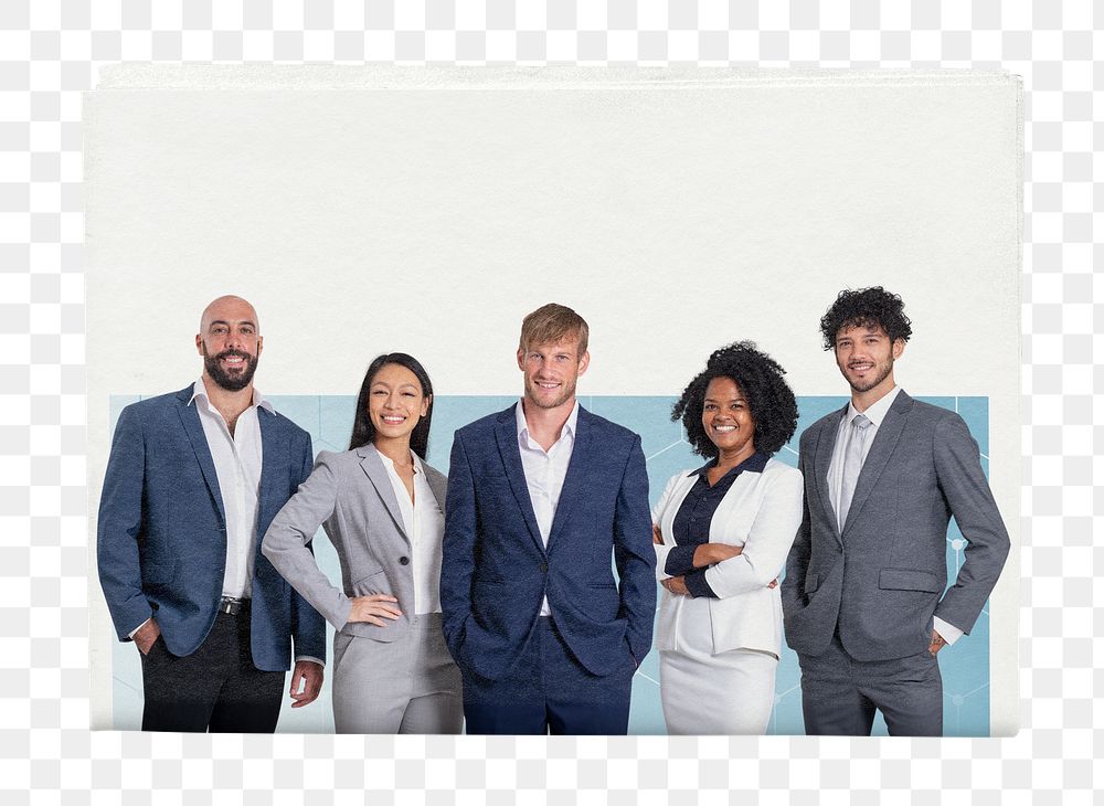 Diverse business png team, newspaper cover sticker on transparent background