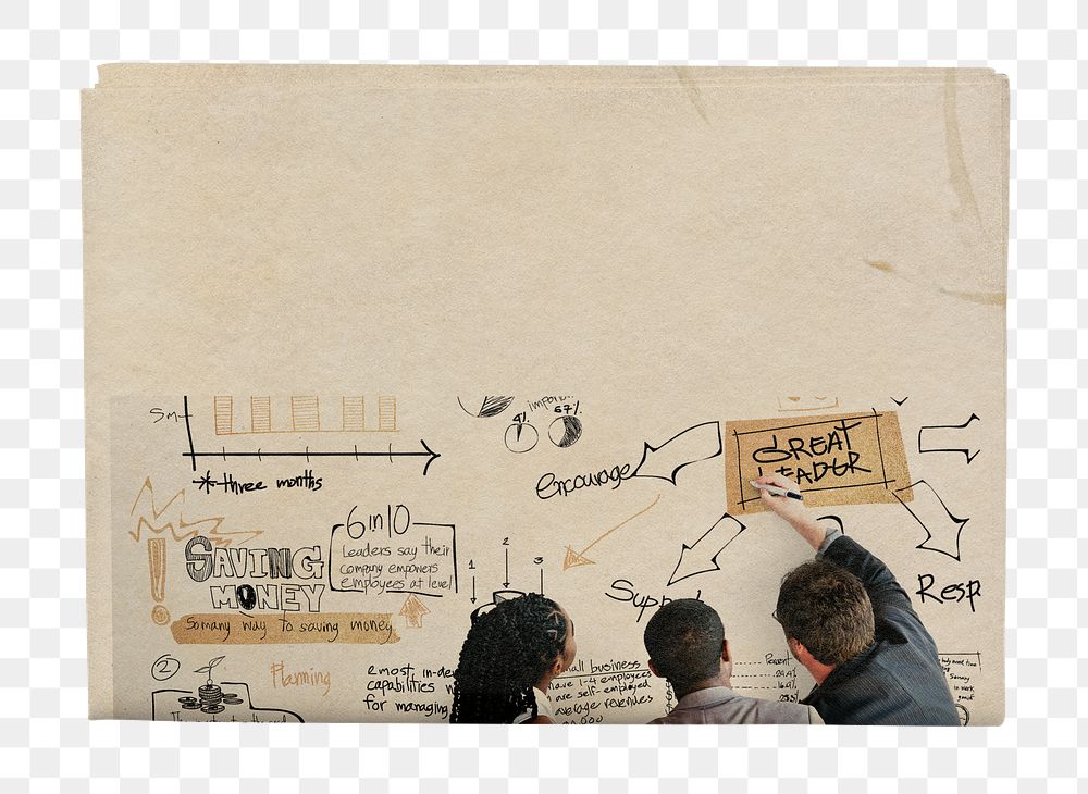 Business colleagues png brainstorming vintage newspaper sticker, teamwork concept, transparent background