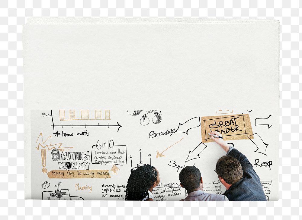 Business colleagues png brainstorming newspaper sticker, teamwork concept, transparent background