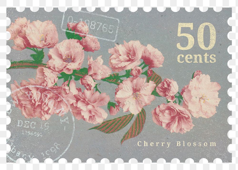 PNG floral postage stamp, vintage cherry blossom collage element, transparent background