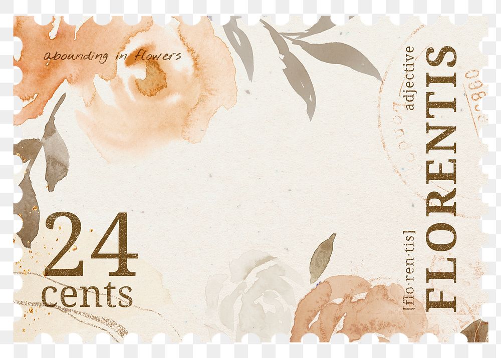 PNG watercolor floral postage stamp, aesthetic collage element, transparent background