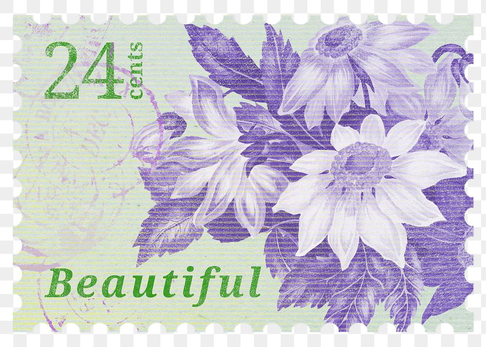 PNG floral postage stamp, aesthetic purple flower collage element, transparent background