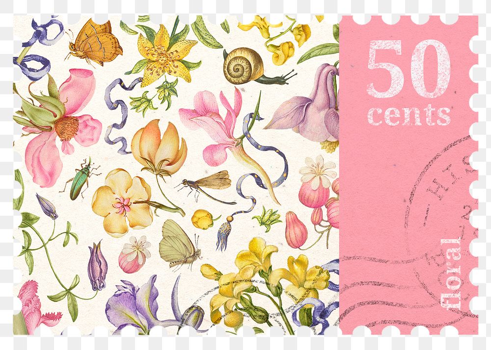 PNG flower postage stamp, aesthetic spring collage element, transparent background