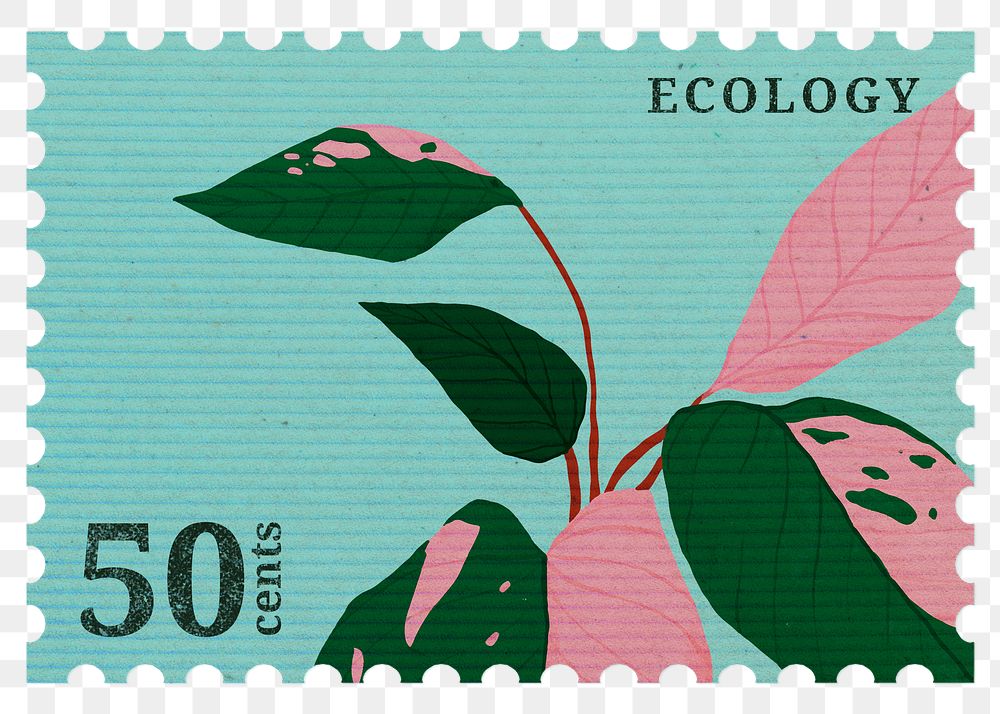 PNG botanical postal stamp, pink princess philodendron sticker, aesthetic collage element, transparent background