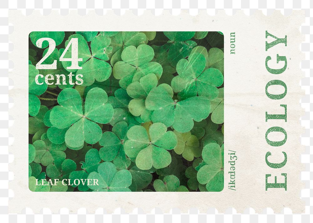 PNG ecology postage stamp, aesthetic clover leaves collage element, transparent background