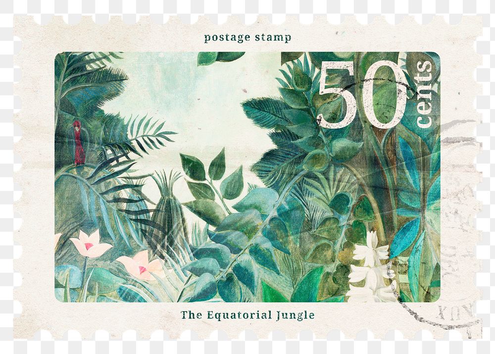 PNG tropical postage stamp, The Equatorial Jungle, Henri Rousseau's famous artwork, transparent background, remixed by…