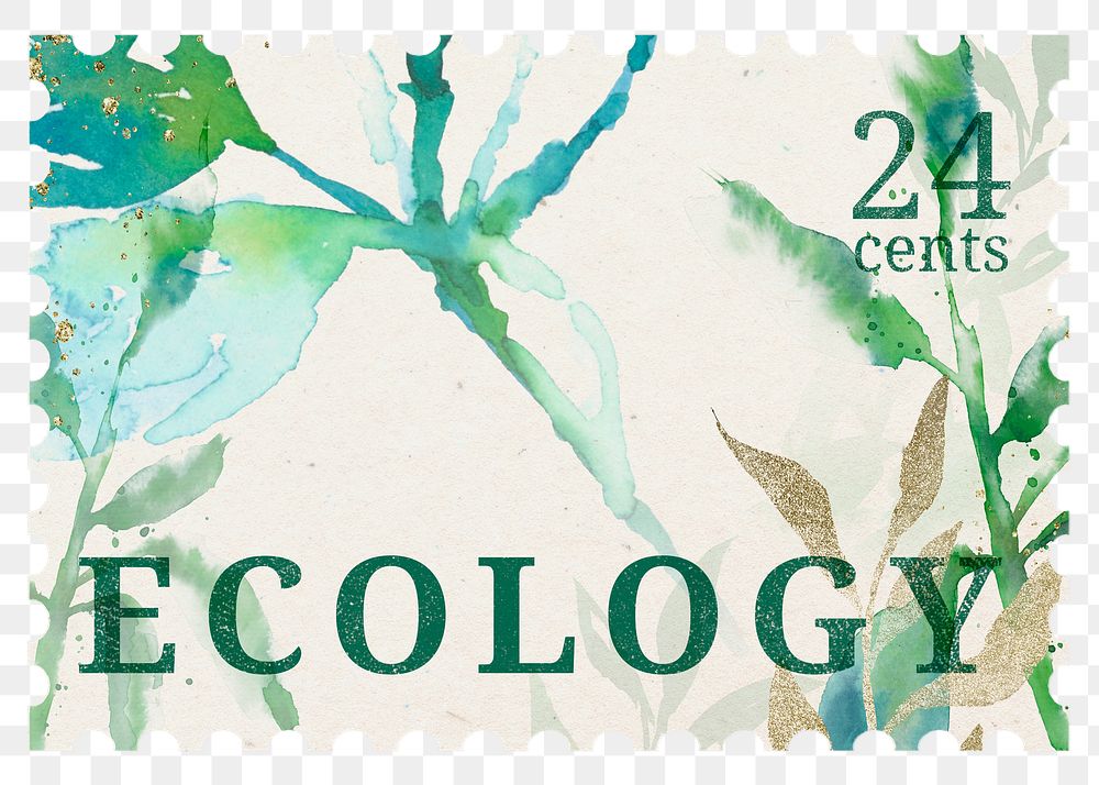 PNG watercolor plant postal stamp, aesthetic collage element, transparent background