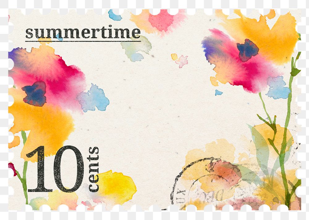 PNG watercolor floral postage stamp, aesthetic collage element, transparent background