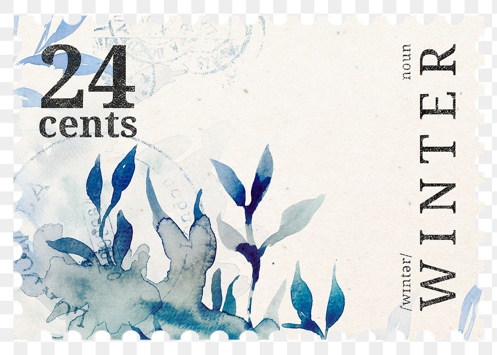 PNG watercolor plant postal stamp, aesthetic winter nature collage element, transparent background