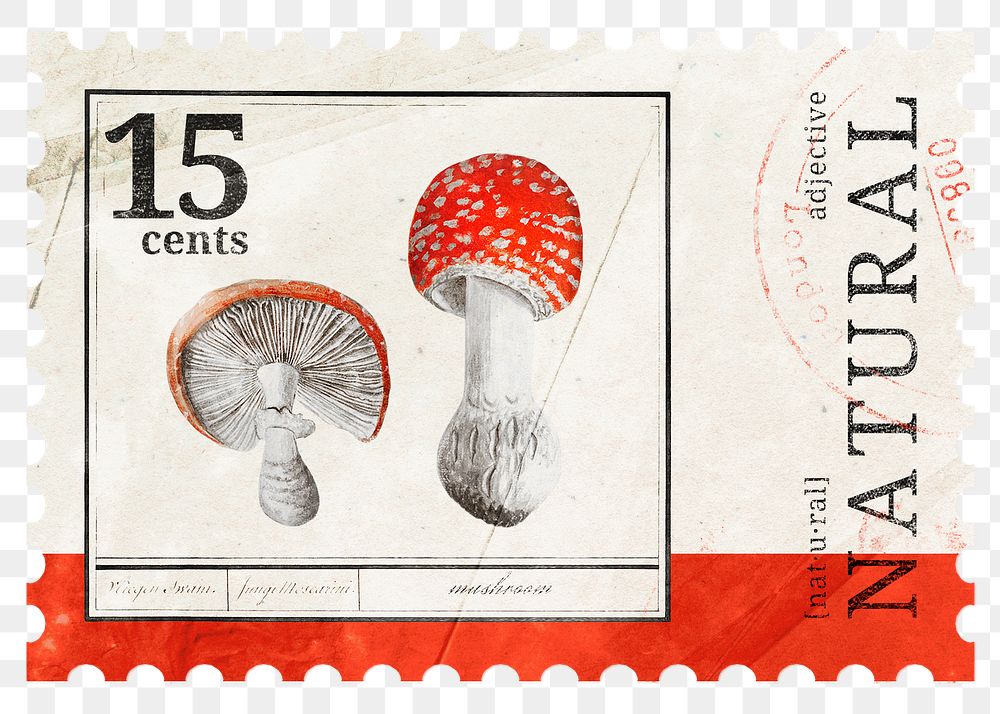 Postage stamp png, poison mushroom, ephemera collage element, transparent background, remixed by rawpixel