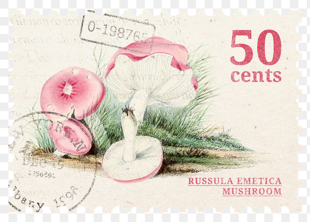 Postage stamp png, aesthetic mushroom, ephemera collage element, transparent background, remixed by rawpixel