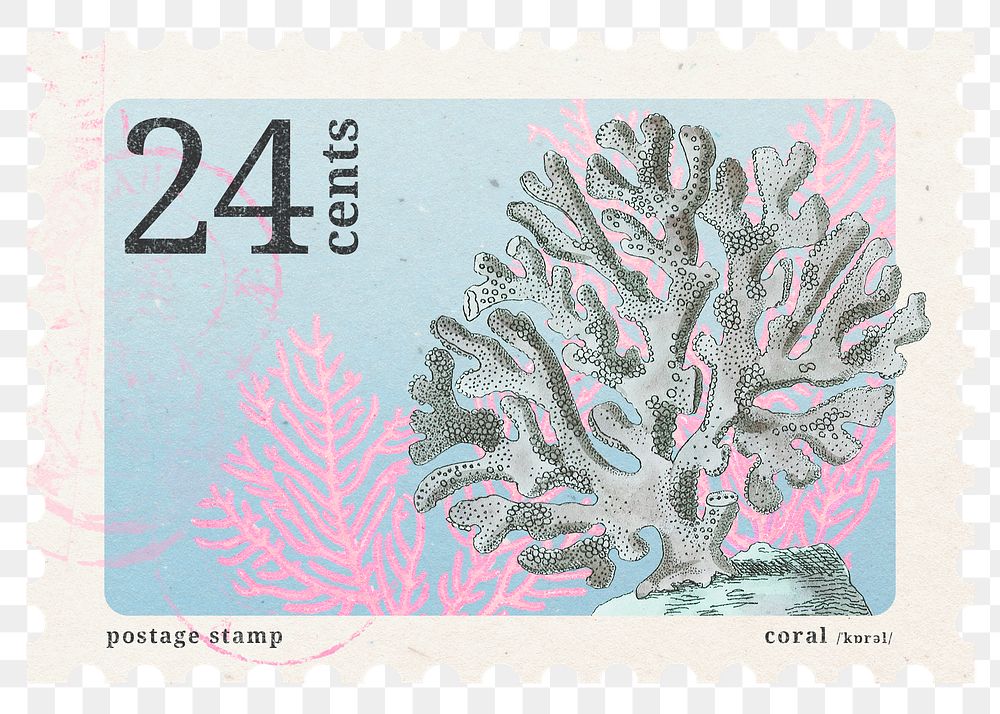 PNG ephemera postage stamp sticker, aesthetic coral collage element, transparent background, remixed by rawpixel
