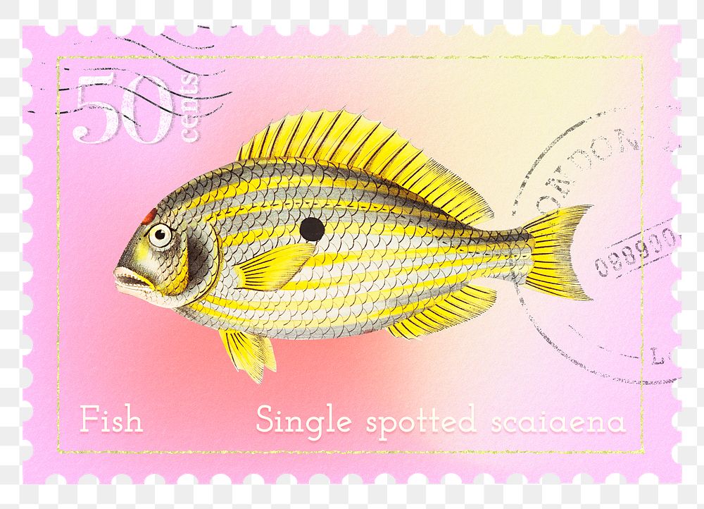 Yellow fish png post stamp sticker, transparent background