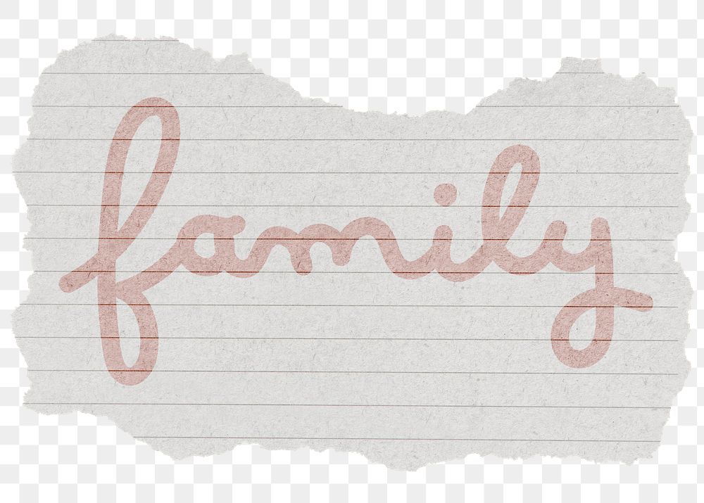 Family png word sticker, ripped paper typography, transparent background