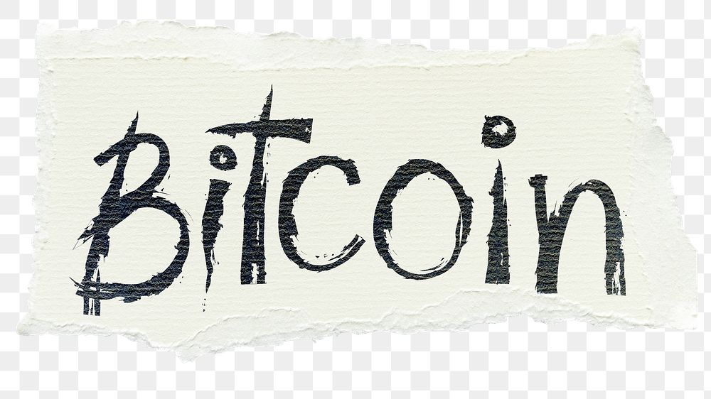 Bitcoin png word sticker, ripped paper typography, transparent background