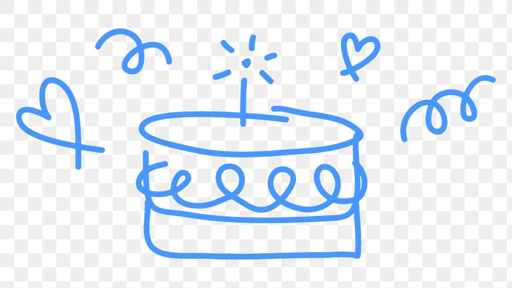 Birthday cake png sticker, cute doodle in blue, transparent background