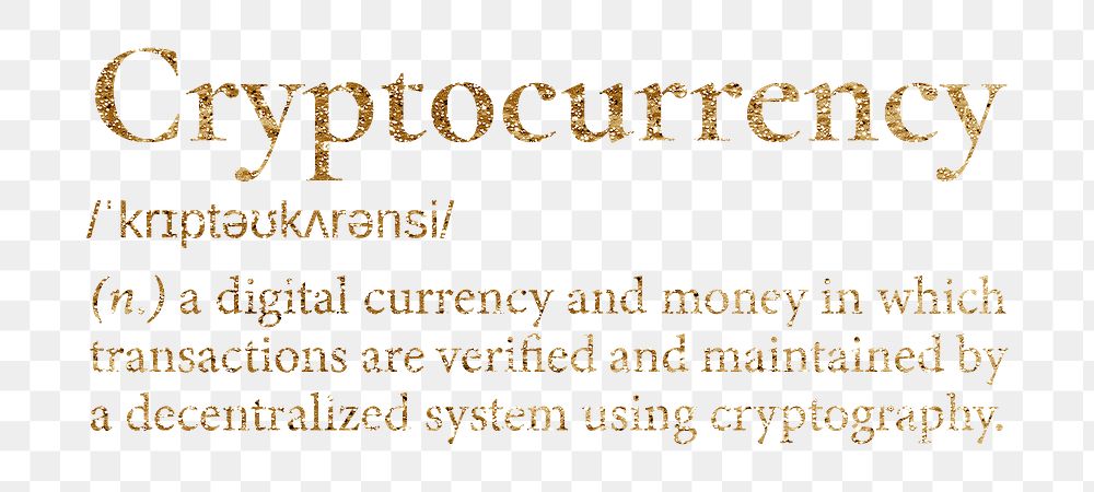 Cryptocurrency png dictionary word sticker, gold font, transparent background