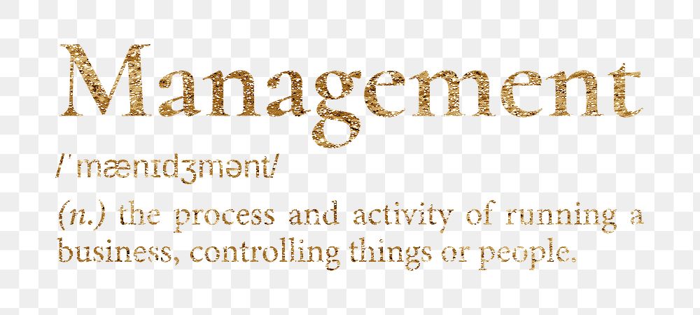 Management png dictionary word sticker, gold font, transparent background