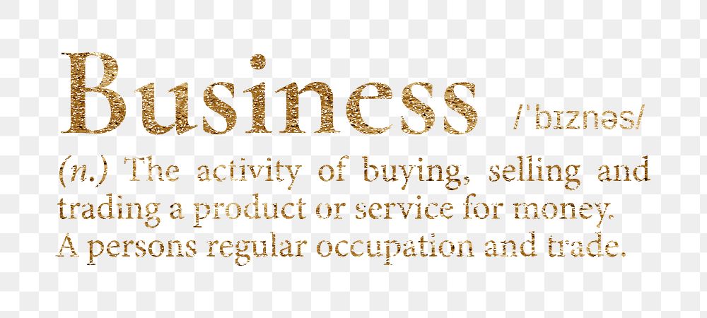 Business png dictionary word sticker, gold font, transparent background