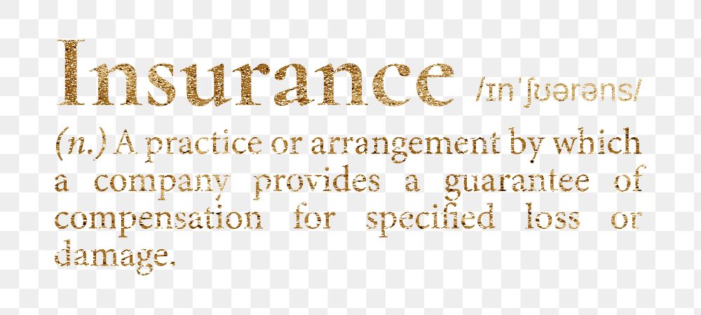 Insurance png dictionary word sticker, gold font, transparent background