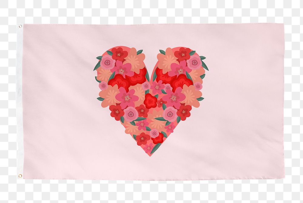 Floral heart png sticker, pink flag, transparent background