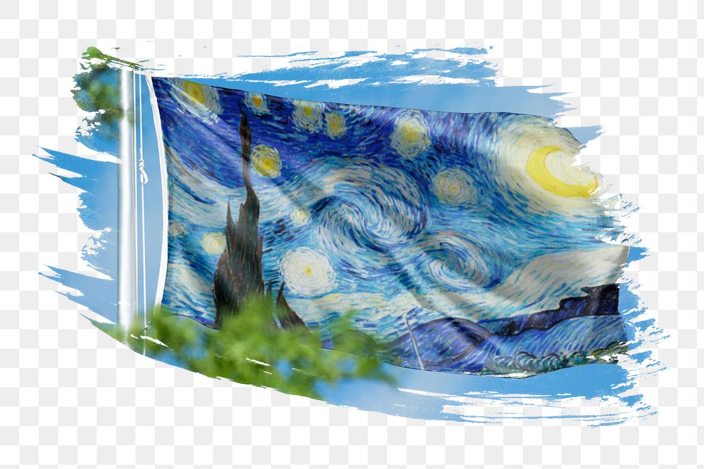 Png Van Gogh's Starry Night flag sticker, brush stroke design, transparent background, remixed by rawpixel.