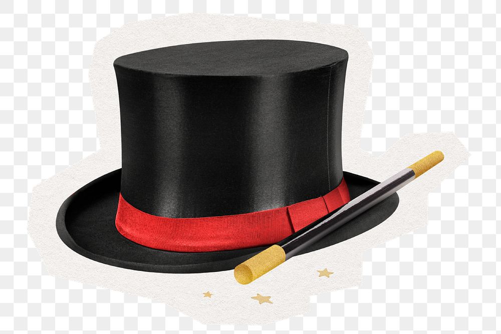 PNG magician's hat and wand digital sticker, collage element in transparent background
