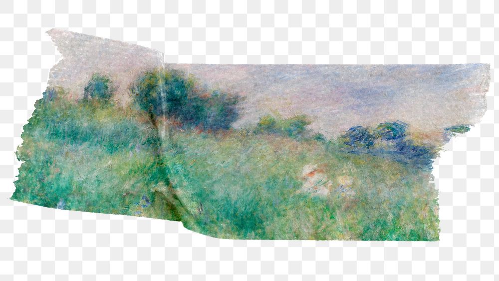 Landscape painting washi tape, Auguste Renoir png collage element, transparent background