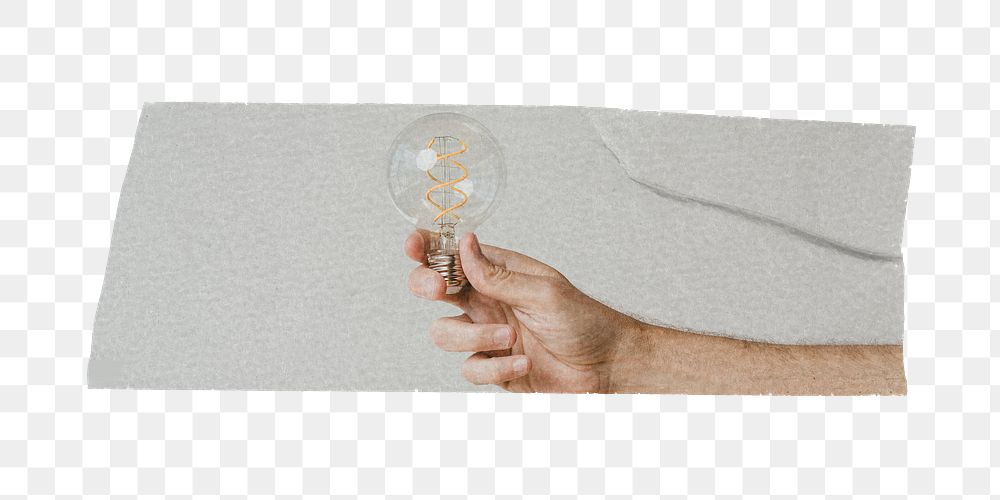 Png hand holding light bulb tape sticker, transparent background