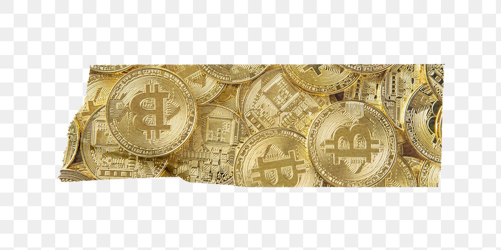 Golden bitcoin png tape sticker, investment, transparent background