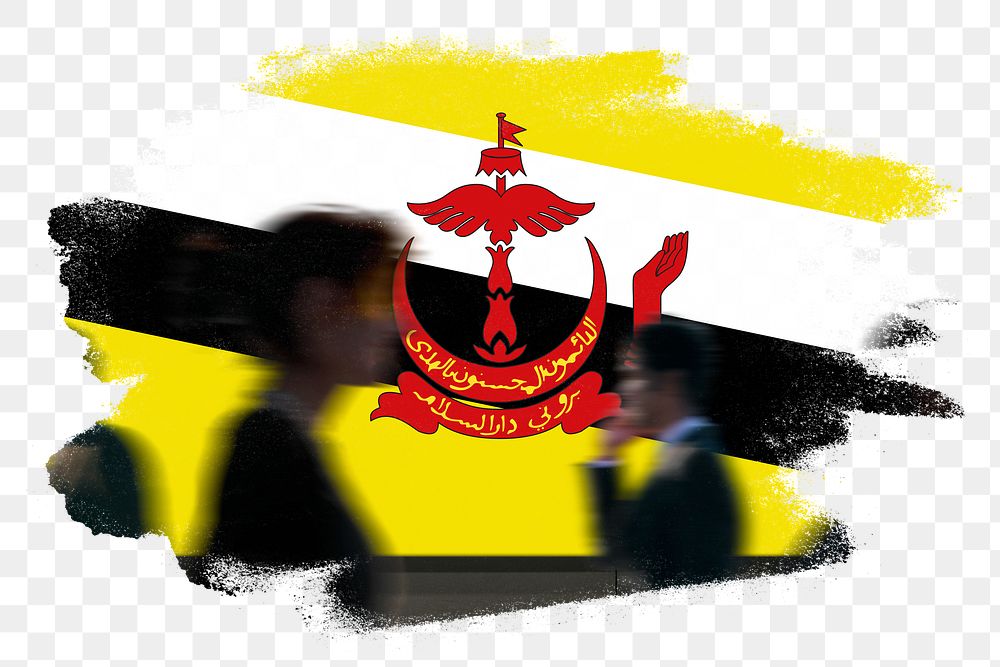 Brunei png flag brush stroke sticker, silhouette people, transparent background