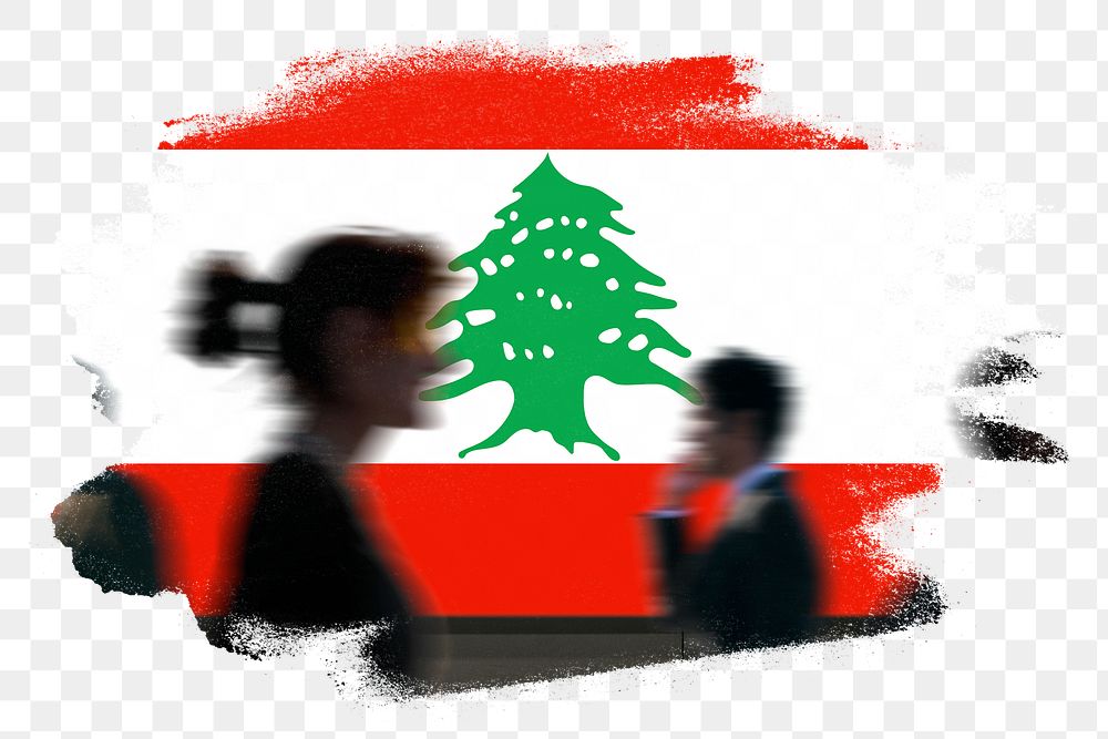 Lebanon png flag brush stroke sticker, silhouette people, transparent background
