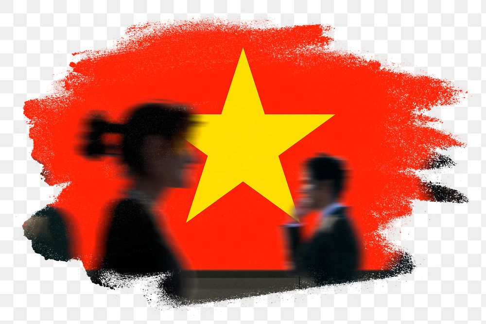 Vietnam png flag brush stroke sticker, silhouette people, transparent background