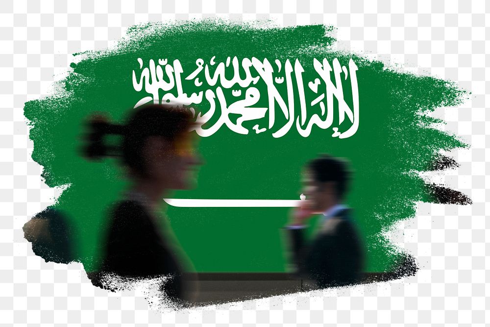 Saudi Arabia png flag brush stroke sticker, silhouette people, transparent background