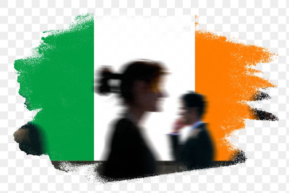 Irish png flag brush stroke sticker, silhouette people, transparent background