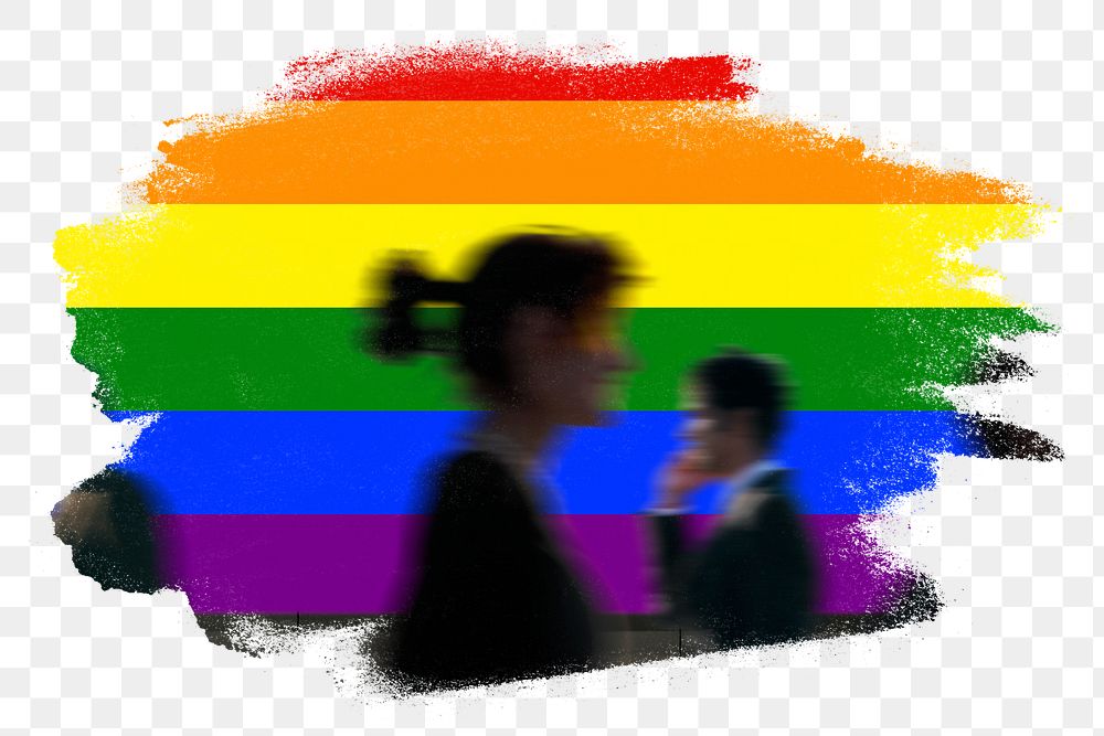 Rainbow png flag brush stroke sticker, silhouette people, LGBTQ transparent background